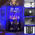 Aheaplus Corner Bar Cabinet with Power Outlet, Industrial Liquor Cabinet | 5-Tiers Wine Cabinet Mini Bar Unit with LED Strip and Glass Holder for Home, Corner Display Cabinet for Small Space, Black