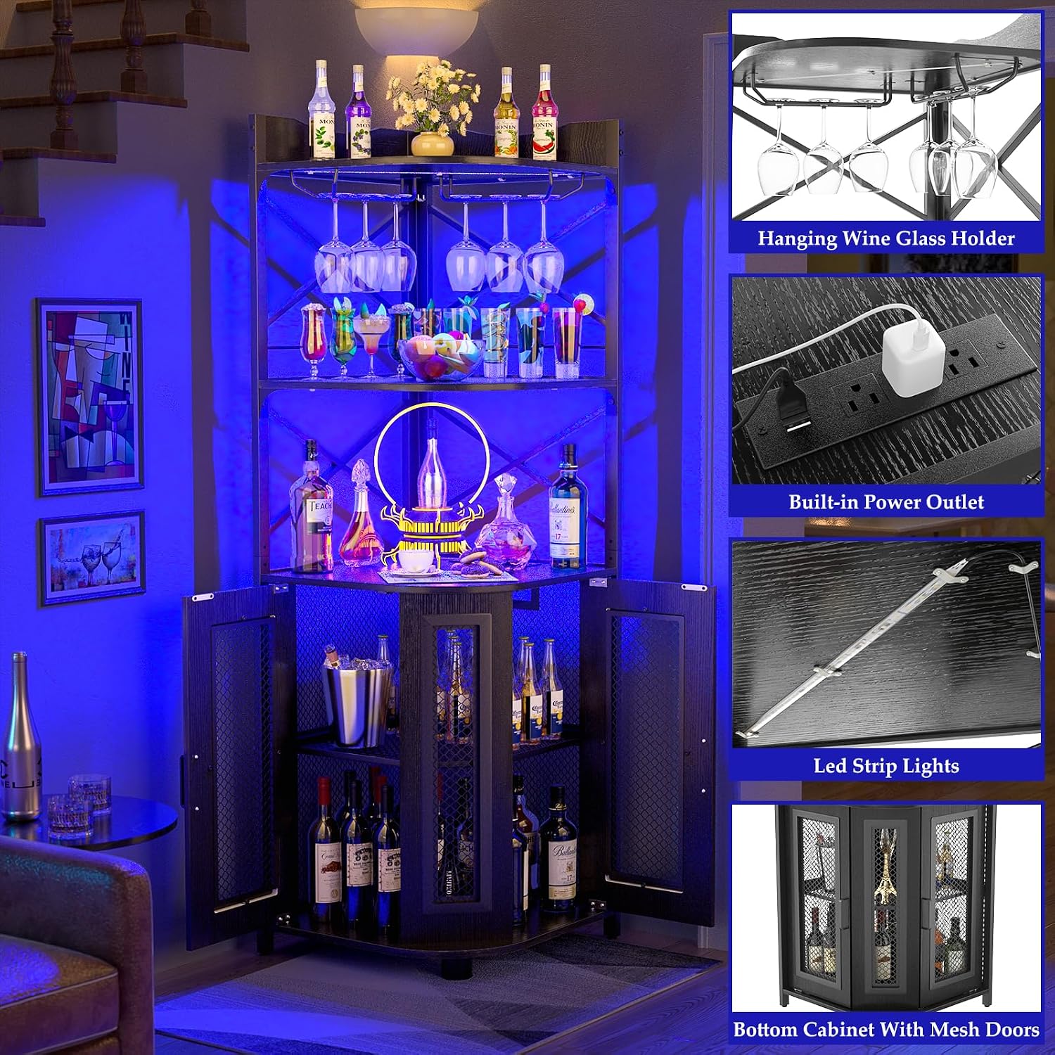 Aheaplus Corner Bar Cabinet with Power Outlet, Industrial Liquor Cabinet | 5-Tiers Wine Cabinet Mini Bar Unit with LED Strip and Glass Holder for Home, Corner Display Cabinet for Small Space, Black