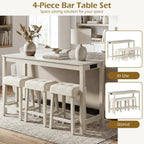 COSTWAY 4-Piece Breakfast Nook Bar Set with Built-in Charging Station | Counter Height Table with 3 Stools, Farmhouse Dining Room Table & Chairs with Wooden Frame & Cushioned Seat for Kitchen, Gray