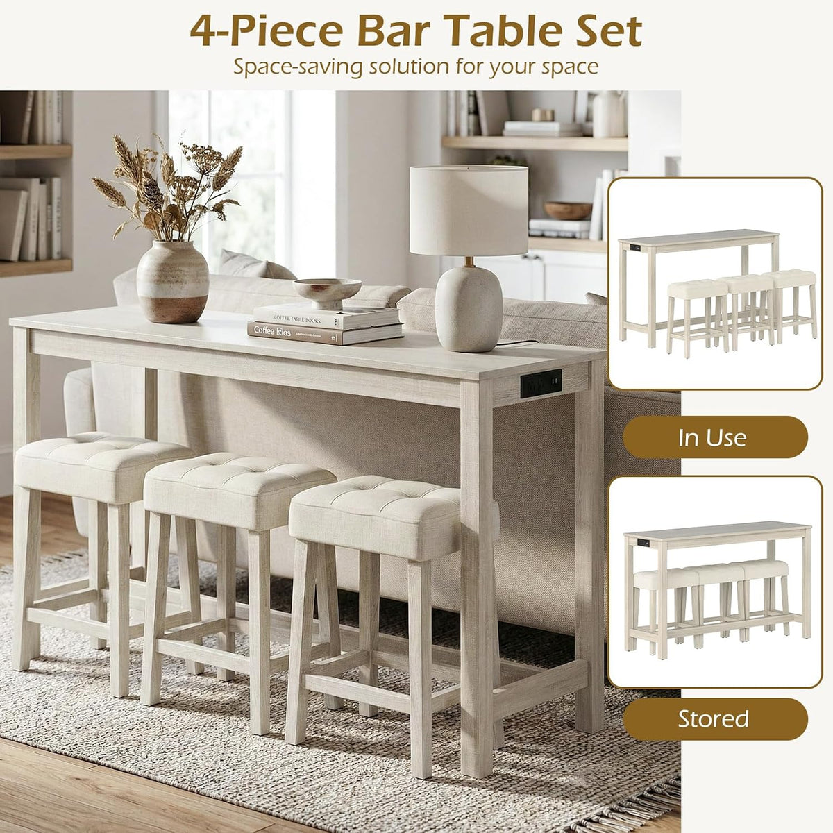 COSTWAY 4-Piece Breakfast Nook Bar Set with Built-in Charging Station | Counter Height Table with 3 Stools, Farmhouse Dining Room Table & Chairs with Wooden Frame & Cushioned Seat for Kitchen, Gray