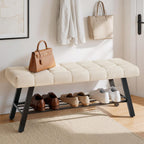 LUE BONA 45" Entryway Bench with Storage Shelf, End of Bed Bench with Tufted Linen Fabric Seat, Bedroom Bench with Metal Frame, 330 LBS Capacity for Entryway, Living Room, Hallway, Linen Color