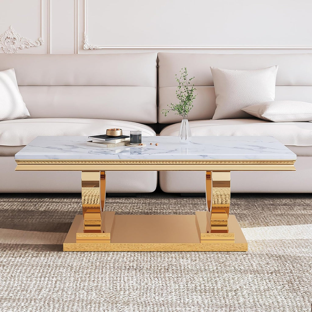 Marble Coffee Table Set of 3, Includes 1 Coffee Table with 2 Square End Side Tables, Luxury 3 Piece Living Room Table Set with White Faux Marble Tabletop & Gold Stainless Steel Base