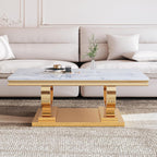 Marble Coffee Table Set of 3, Includes 1 Coffee Table with 2 Square End Side Tables, Luxury 3 Piece Living Room Table Set with White Faux Marble Tabletop & Gold Stainless Steel Base