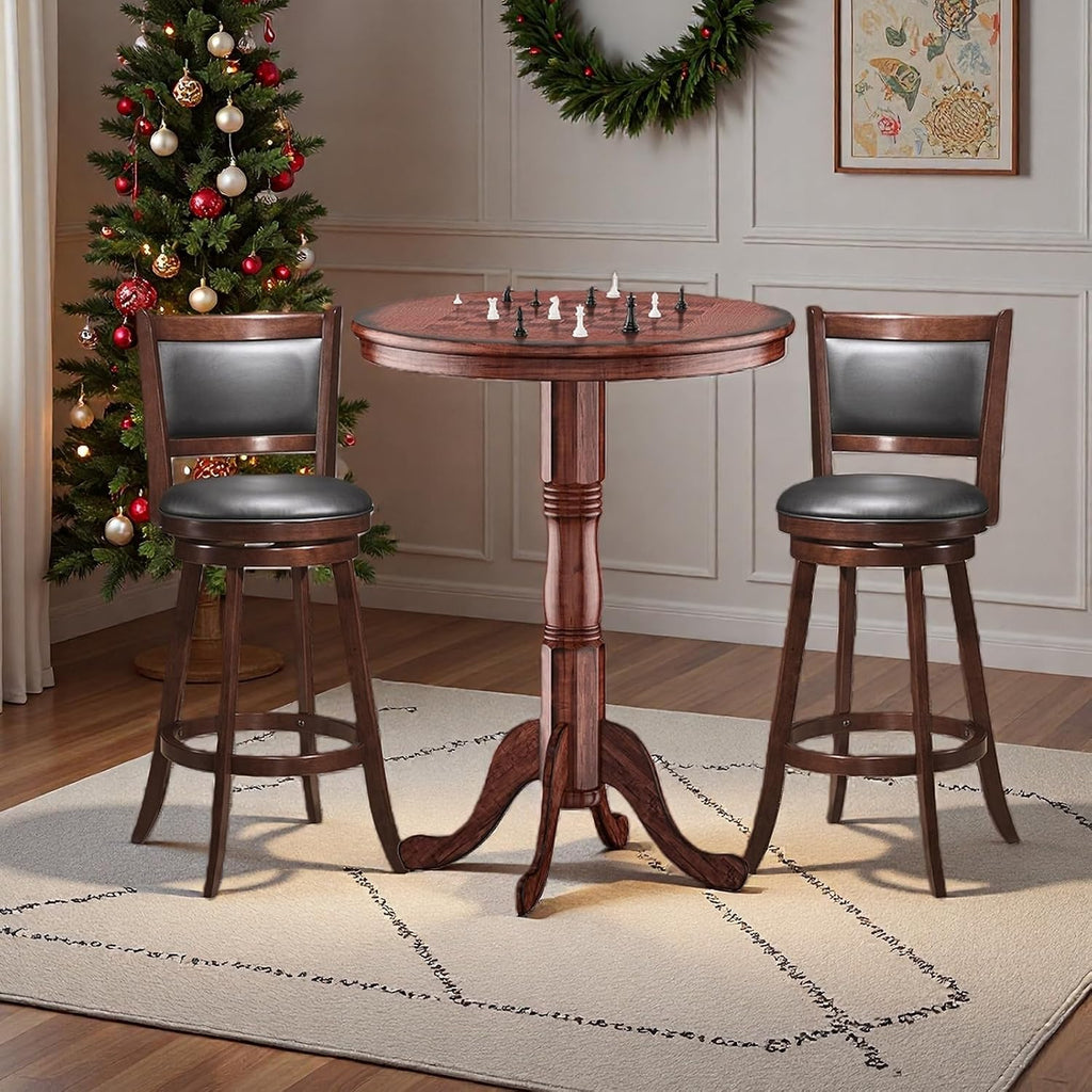 3 Piece Bar Table and Chairs Set, Round Counter Height Dining Table with Chessboard, 2 Upholstered Swivel Bar Stools, Rubber Wood Frame, Farmhouse Pub Table Set for Kitchen, Bistro