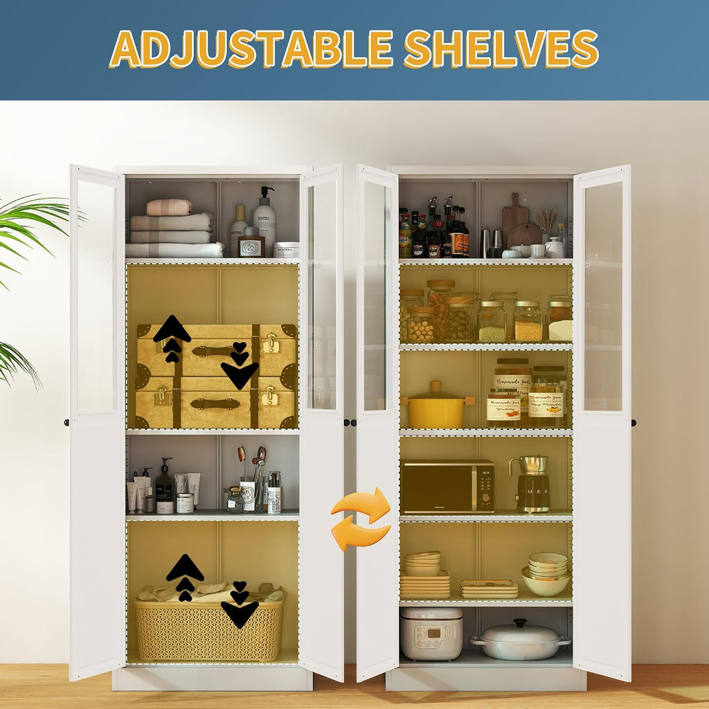 Kitchen Pantry Cabinet, 72" H Storage Cabinet with Glass Doors and Adjustable Shelves, Metal Bathroom Cabinets, Utility Cabinets for Kitchen, Living Room Assembly Required, White