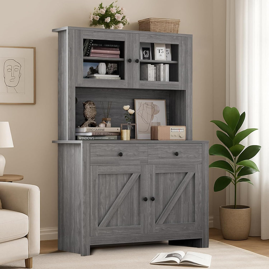 IDEALHOUSE 63" Kitchen Pantry Cabinet with Drawers, Hutch Cabinet with Storage, Microwave Stand, Adjustable Shelves, Freestanding Tall Pantry Storage for Dining Room, Living Room, Grey
