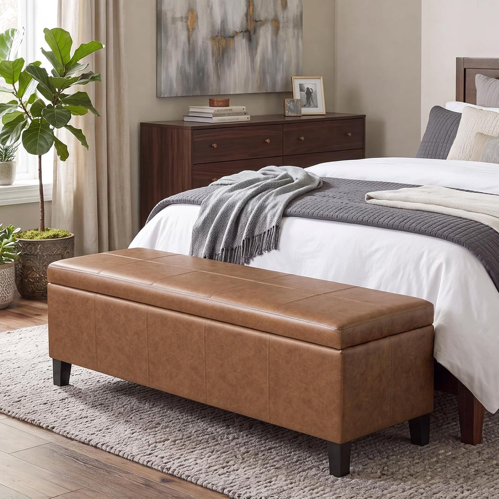 Faux Leather Storage Bench Ottoman, 50 Inch Upholstered Storage Bench with Large Compartment, Durable Accent Seating Bench for Entryway, Bedroom, Living Room Furniture