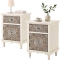 HOMPUS Night Stand Set 2, Vintage Nightstand with Storage, White Nightstand with Flower Pattern, Accent End Table, Bedside Table for Farmhouse, Bedroom, Light Grey Grain