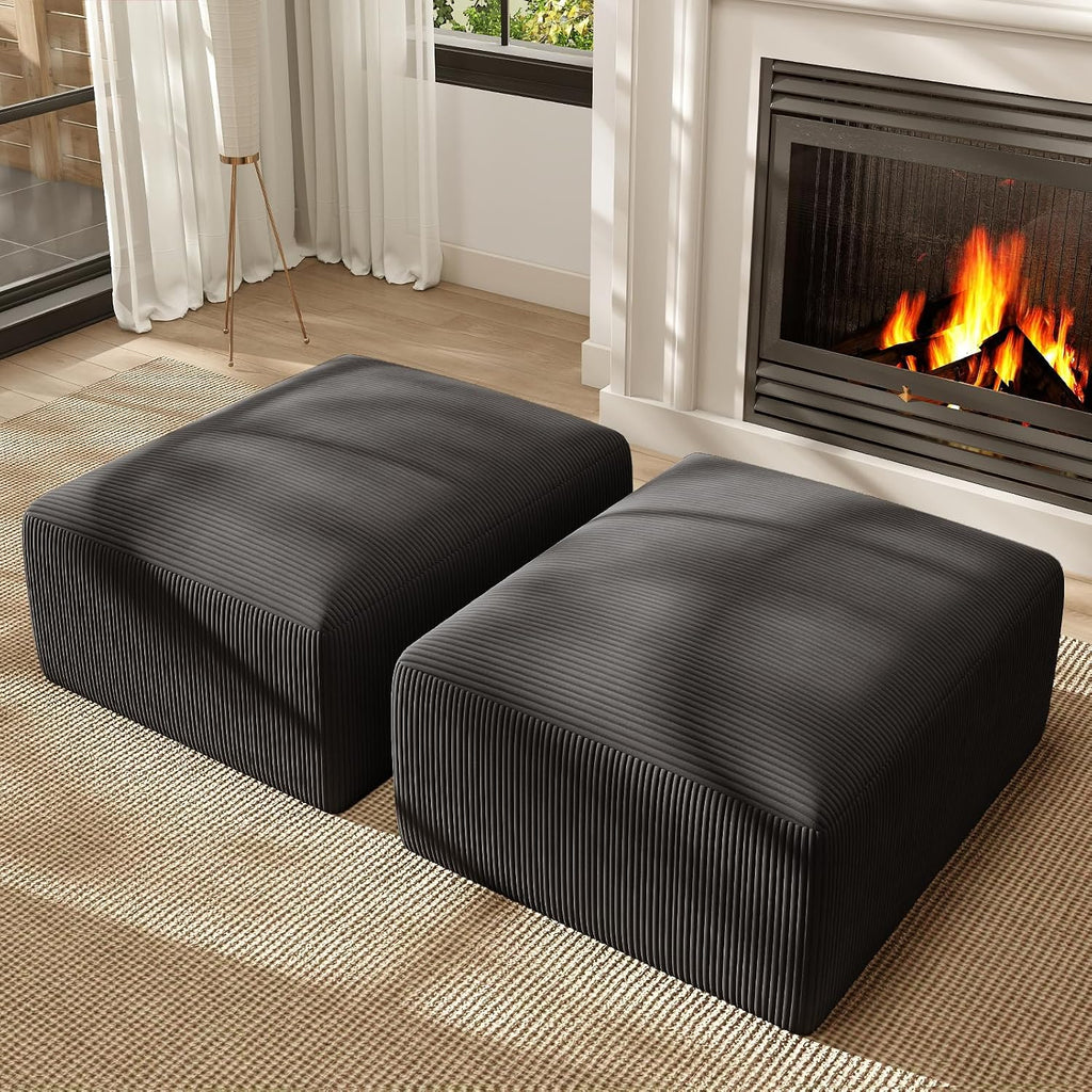2 Square Cloud Footstool for Living Room, No Assembly Modular Corduroy Convertible Seat, Modern Style Sofa Accessory for Lounge or Bedroom