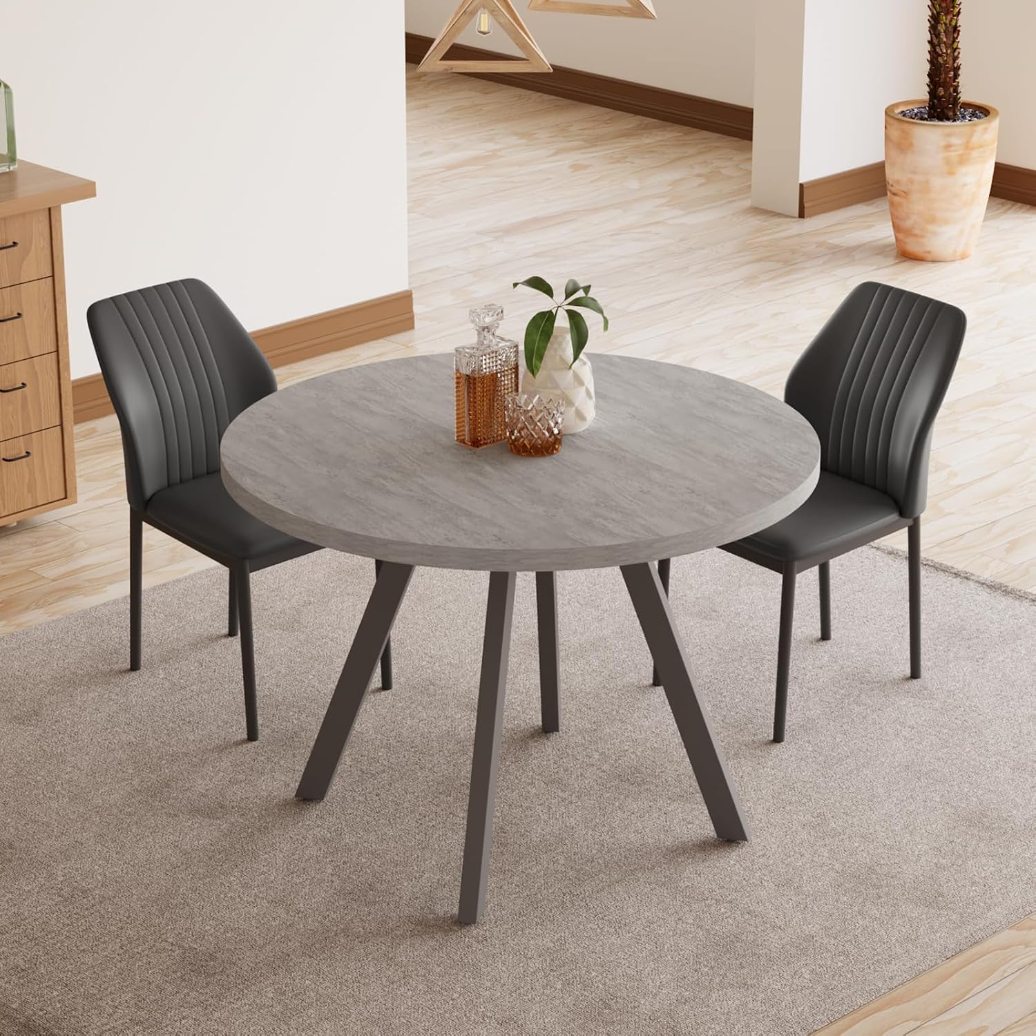 Zerifevni 34.6'' Round Dining Table and Chairs for 2, Space Saving Modern Casual Coffee Table Set for Apartment Kitchen Dining Room (Grey Table+2 Balck Chairs)