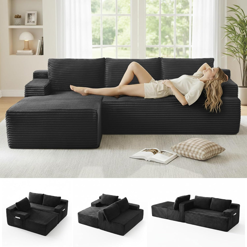 Modular Sectional Sofa Couches, 96" L-Shaped Cloud Couch with Left Chaise Lounge & Side Pockets for Living Room | No Assembly Required | Corduroy Fabric, Black