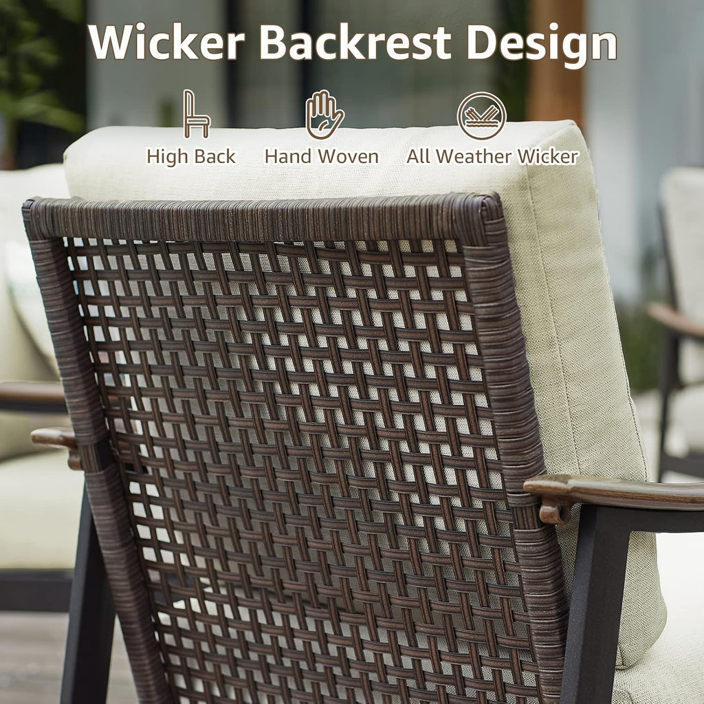 NATURAL EXPRESSIONS Patio Outdoor Chair with Ottoman, Wicker Backrest | 1 Matched Ottoman, Adjustable Feet, Natural Wood-garin Texture Arm, 6" Removable Cushion, Patio Sofa for Porch, Deck, Balcony