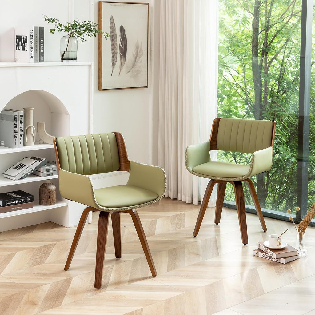 LUNLING Swivel Accent Faux Leather Dining Chairs, Mid Century Modern Chairs with Wooden Legs/Armrest/Upholstered Seat/Adjustable Foots for Kitchen Dining Room Desk Chairs,Green,1PCS