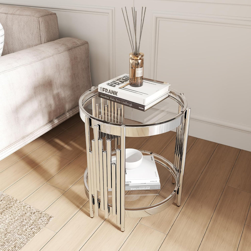 Round Glass End Table, 2-Tier Small Side Table with Tempered Glass Top and Sliver Stainless Steel Legs, Elegant Sofa Accent Table for Living Room, Bedroom, Easy to Assembly