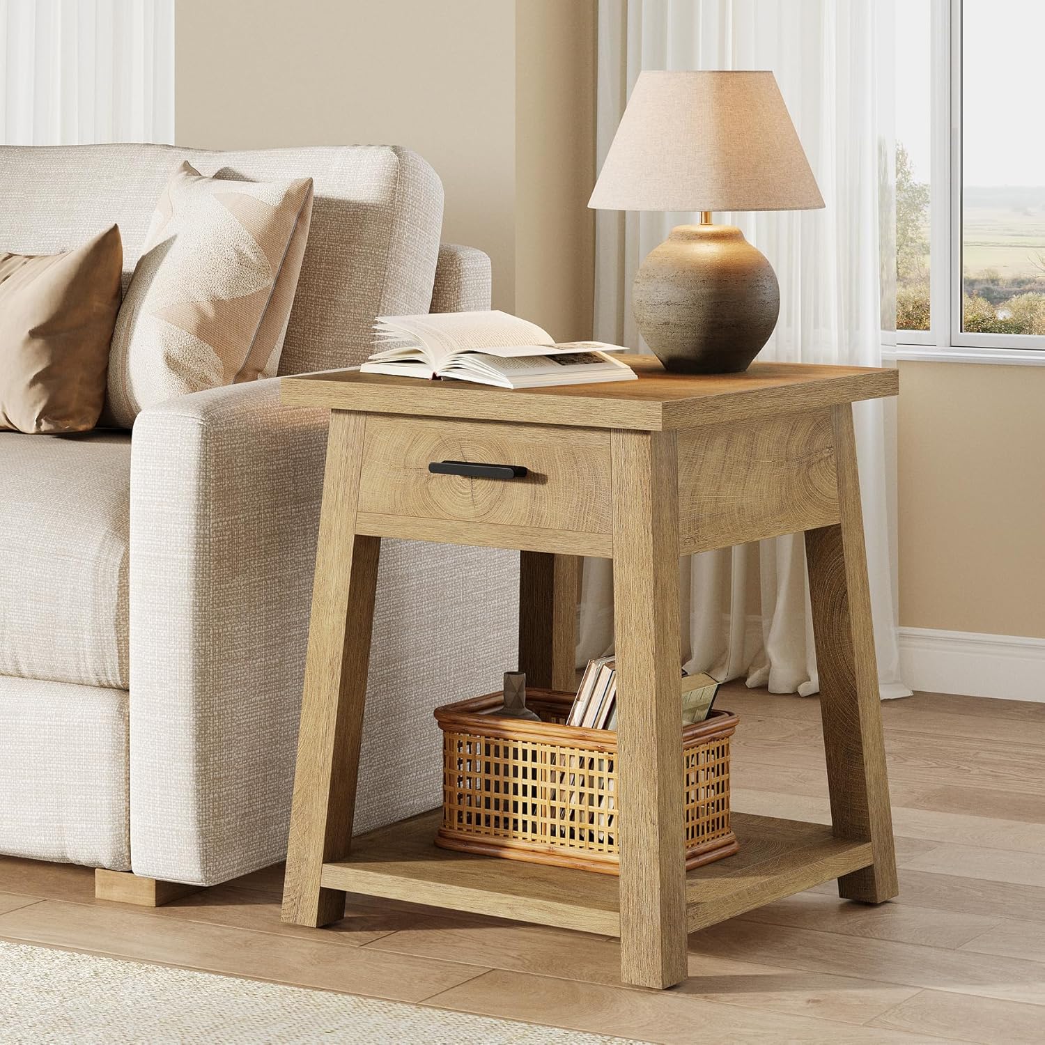 Tribesigns Farmhouse Square Side Table, 2 -Tier Wooden End Table with Drawer, Rustic Nightstands with Shelf Storage for Living Room, Bedroom, Office and Small Spaces