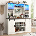 Farmhouse Coffee Bar Cabinet with LED Light, Charging Station & Sliding Barn Doors - 63"W x 71"H Large Wine Rack, Built-in Liquor Dispenser, Glass/Mug Holders for Kitchen, Living Room, Hallway