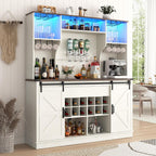 Farmhouse Coffee Bar Cabinet with LED Light, Charging Station & Sliding Barn Doors - 63"W x 71"H Large Wine Rack, Built-in Liquor Dispenser, Glass/Mug Holders for Kitchen, Living Room, Hallway