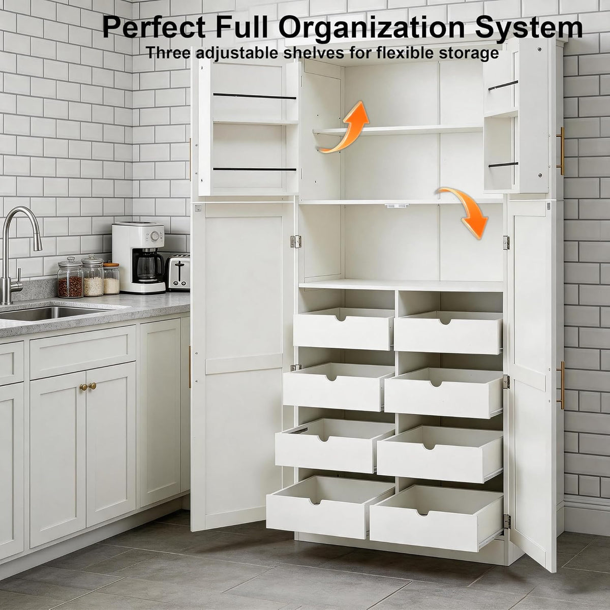 71 Inch Kitchen Pantry Cabinet with Pull-Out Trays, White | White P2 MDF, kitchen or dining room, door shelves, adjustable shelf, freestanding design, 17.6 in D, 35.5 in W