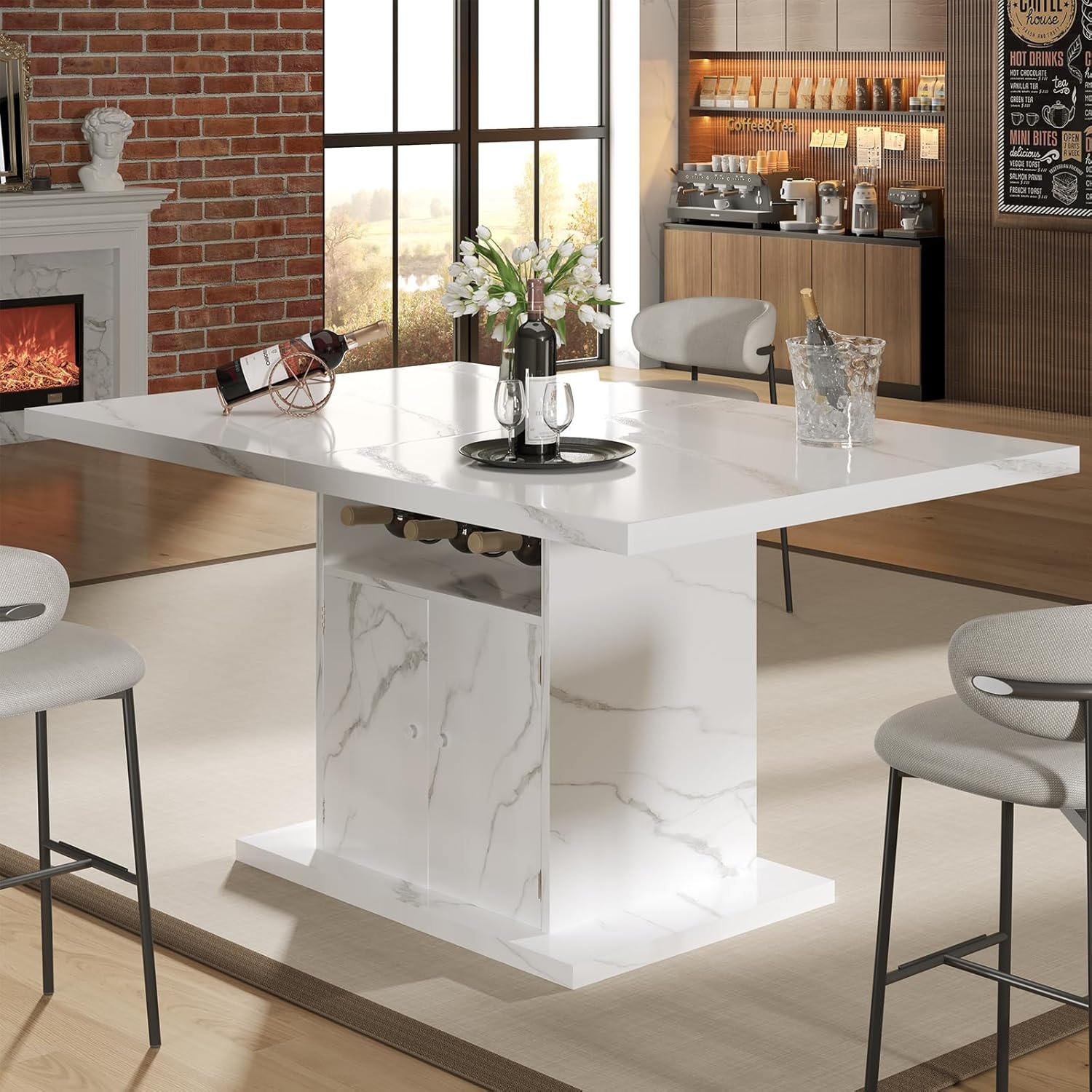 Extendable Dining Room Table for 4-6, 47-63 Inch Faux Marble Extendable Dining Table, Modern Expandable Rectangle Kitchen Dining Table with Storage for Kitchen Living Room