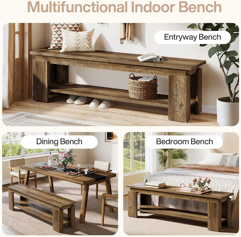 Tribesigns 63" Dining Bench for 2-3, Farmhouse Wooden Dining Room Bench with Storage Shelf for Kitchen & Dining Room