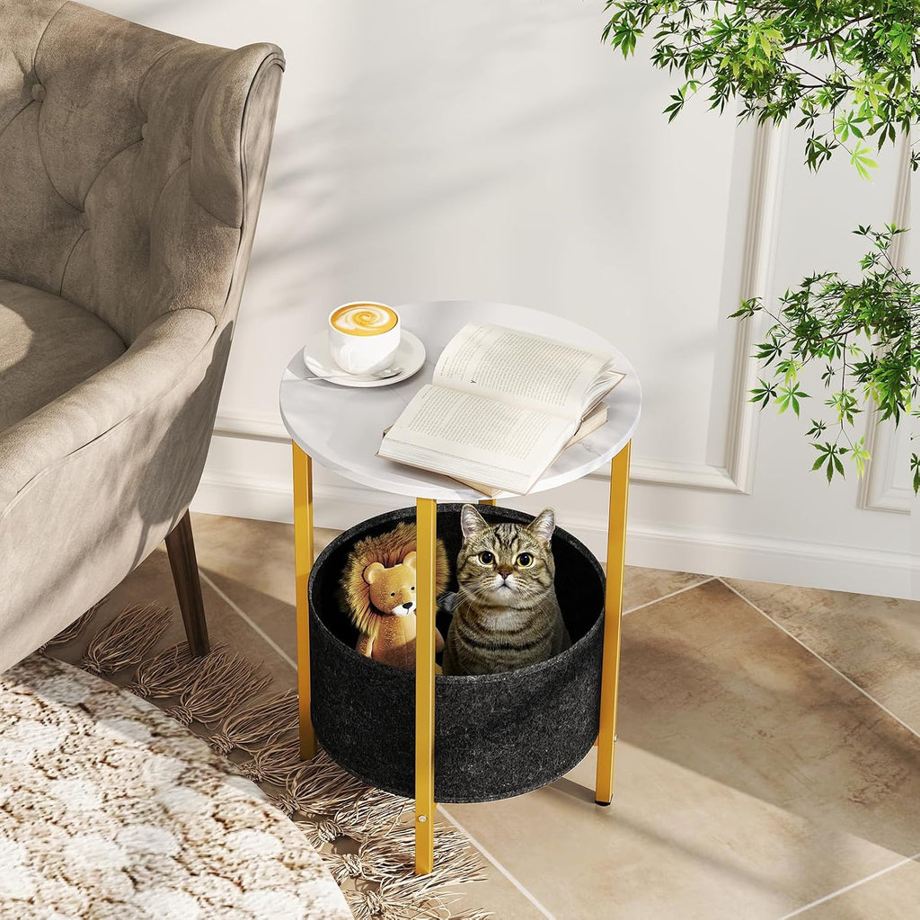 Giantex Round End Table, Small Side Table with Removable Fabric Basket, Modern Bedside Table with Metal Frame, Sofa Couch Accent Table for Small Space Living Room, Nightstand for Bedroom, White