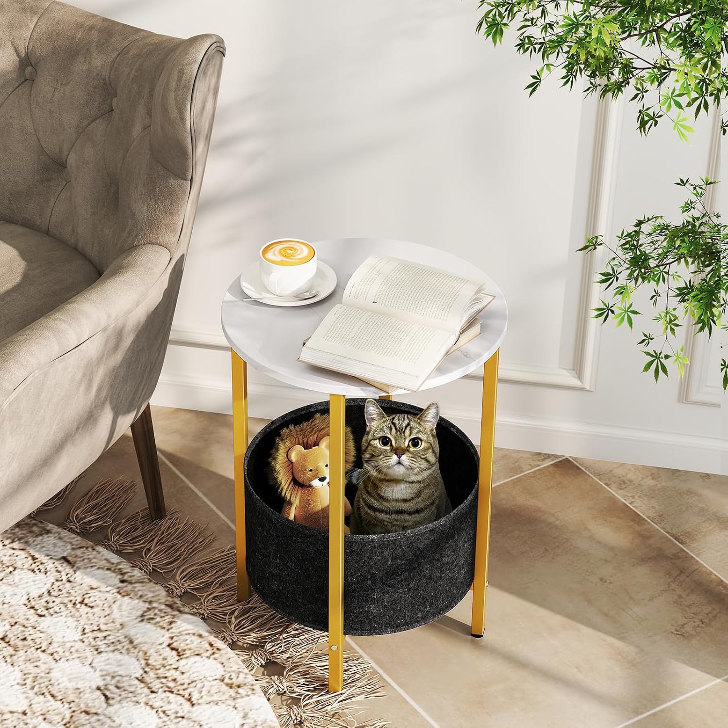 Giantex Round End Table, Small Side Table with Removable Fabric Basket, Modern Bedside Table with Metal Frame, Sofa Couch Accent Table for Small Space Living Room, Nightstand for Bedroom, White