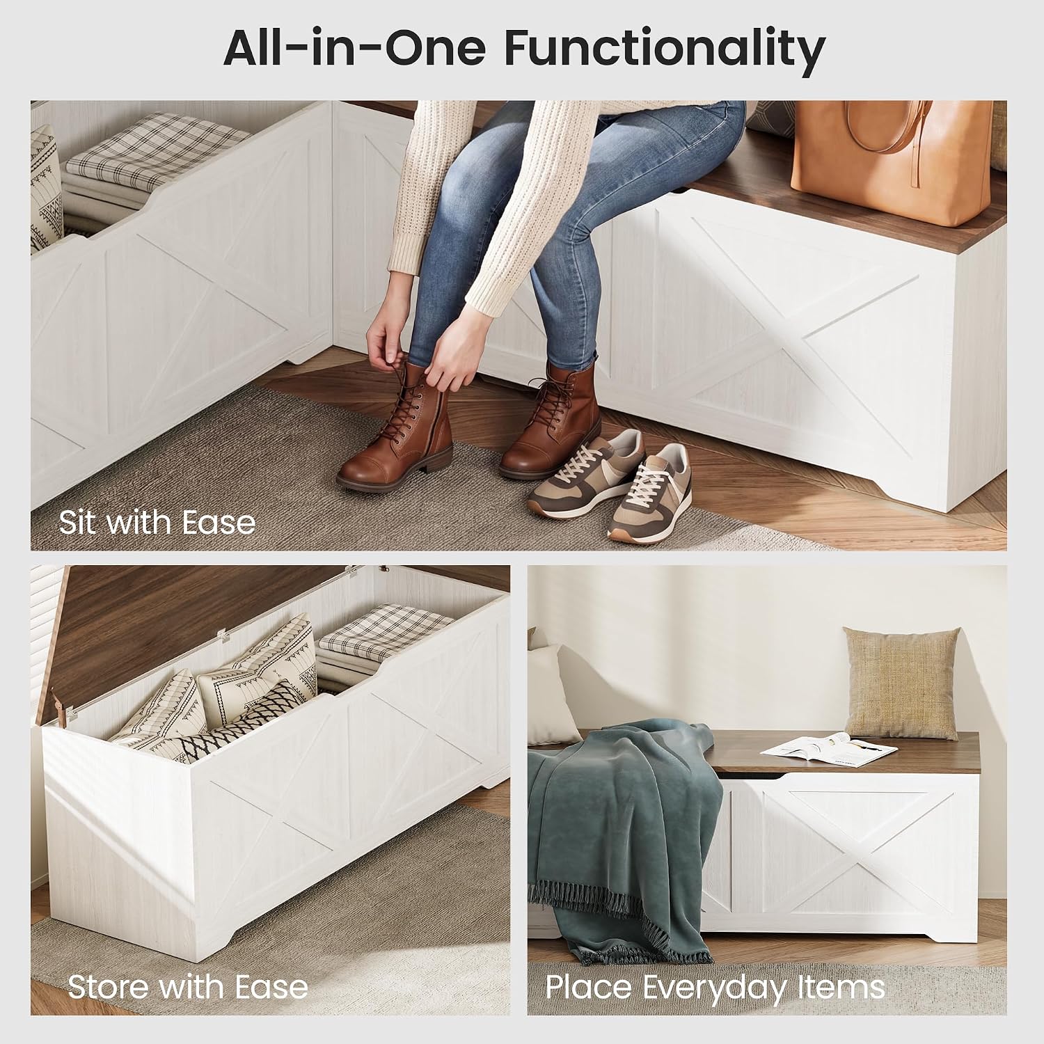 L Shaped Storage Bench, 63" Corner Bench with Storage, Breakfast Nook Bench with 3 Hidden Flip-Top Compartments, Backless Dining Bench for Kitchen, Entryway, Dining Room, Walnut White