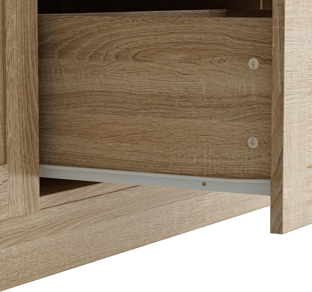WOODTIME 102" H Kitchen Pantry with LED Light, Glass Doors, Shelves & 5 Drawers, Large Cupboard with Adjustable Shelves & White Countertop, Modern Display Storage Cabinet for Dining Room, Natural