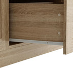 WOODTIME 102" H Kitchen Pantry with LED Light, Glass Doors, Shelves & 5 Drawers, Large Cupboard with Adjustable Shelves & White Countertop, Modern Display Storage Cabinet for Dining Room, Natural