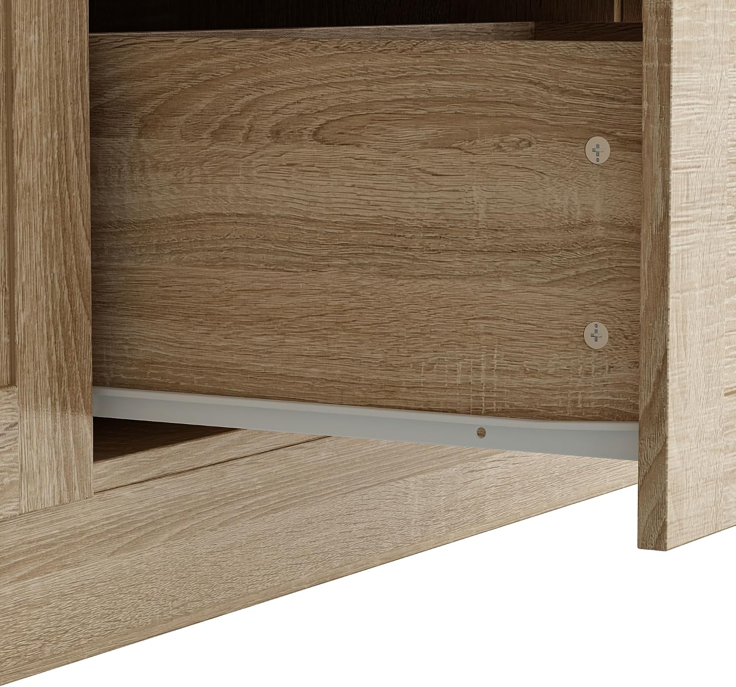 WOODTIME 102" H Kitchen Pantry with LED Light, Glass Doors, Shelves & 5 Drawers, Large Cupboard with Adjustable Shelves & White Countertop, Modern Display Storage Cabinet for Dining Room, Natural