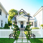 Metal Garden Arbor Arch with Gate and Plant Box, 97“ H Garden Trellis Wedding Arch Party Decoration for Outdoor Lawn Climbing Plants Support Roses Vines (Black Line)