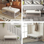Ottoman Coffee Table, Large Rectangle Ottoman with Storage - Upholstered Cushioned Bench for Living Room, Tufted Linen Fabric with Solid Wood Shelf, Entryway Bench (Beige)