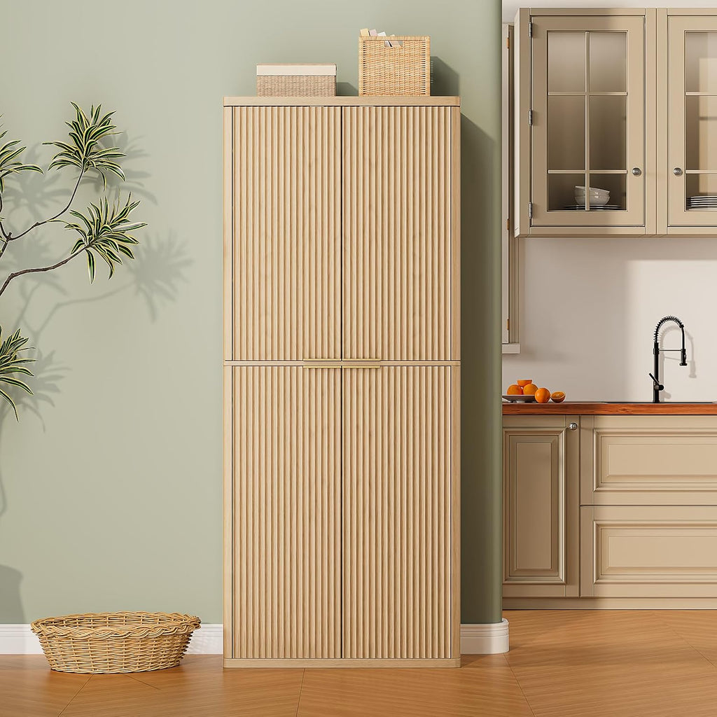 Modern Fluted Wood Pantry Cabinet with 6 Adjustable Shelves & 8 Door-Mounted Spice Racks - Wall-Secure Storage Organizer for Kitchen, Dining, Living Room (Oak)