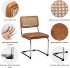 Rattan Dining Chairs Set of 2 Mid Century Modern Kitchen Chairs with Natural Rattan Backrest Oak Frame and Upholstered Pu Seat Chairs with Metal Legs