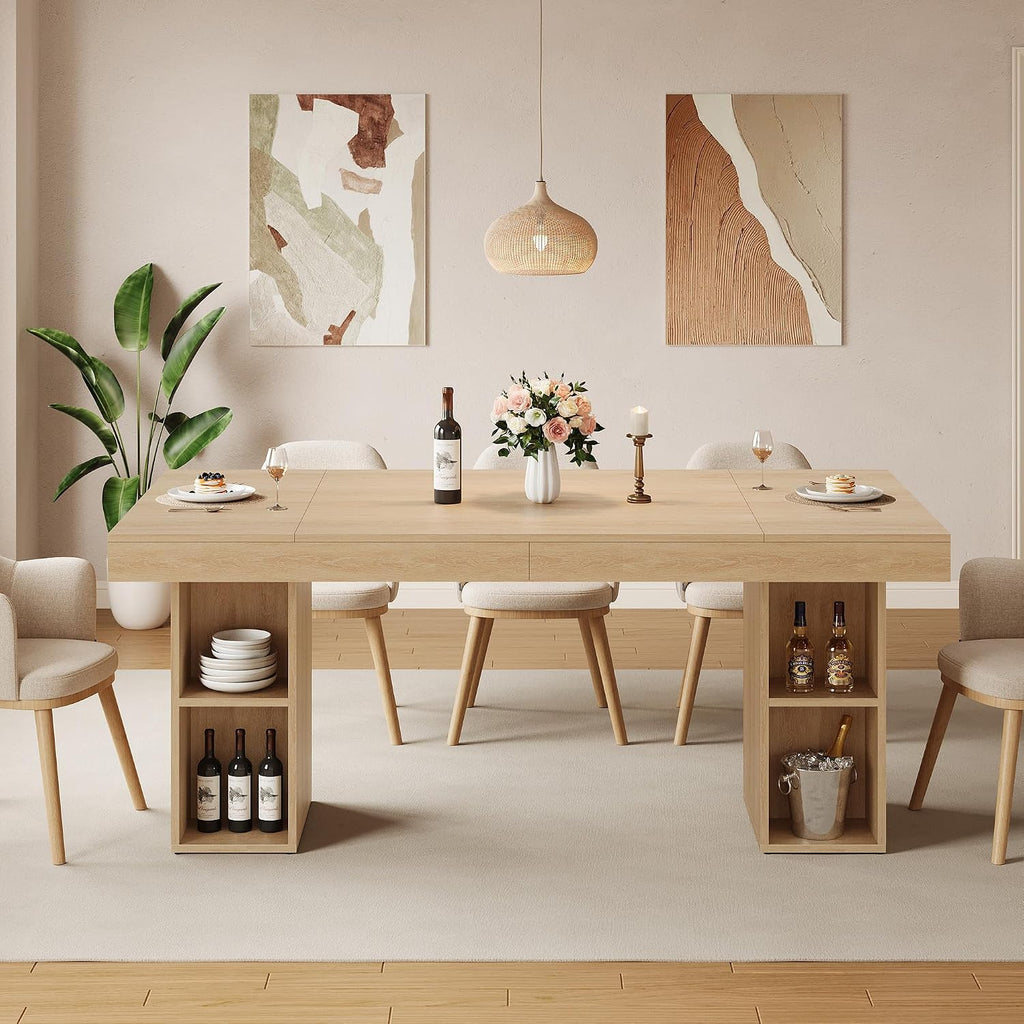 GAOMON 70.8" Wood Dining Table for 6-8 People, Large Kitchen Table with Sturdy Pedestal, Long Dining Table with Storage Cube, Farmhouse Rectangle Dinner Table for Dining Room and Living Room