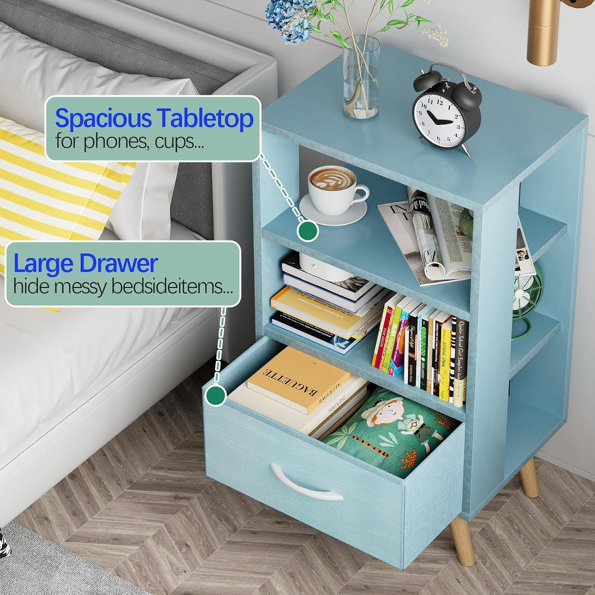 Aenuert Night Stand, Blue Nightstand with Drawer, Side Table with Open Storage, 3-Tier Modern End Table, Bedside Table for Small Space, Living Room, Bedroom
