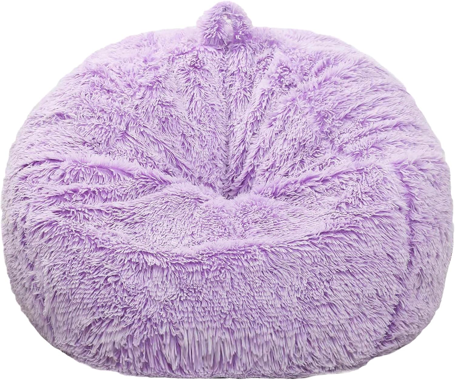 Fluffy Bean Bag Chair for Kids, 2.5FT Round Memory Foam Filled Bean Bag for Teens & Kids, Ultra Soft Faux Fur Fabric Bean Bag Chairs for Playroom, Living Room, Bedroom, Lavender