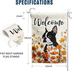 Floral Boston Terrier Garden Flag Fall Yard Flag Wildflower Dog Garden Flags Orange Autumn Lawn Flags Welcome Thanksgiving Outdoor Flags for Outside 12x18 Double Sided Small