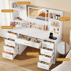 FIONESO Vanity Desk with Mirror and Lights, Makeup Vanity with 9 Drawers & Power Outlet, 5 Hooks & 6 Open Shelves, 3 Lighting Colors & Adjustable Brightness, White Vanity for Girls