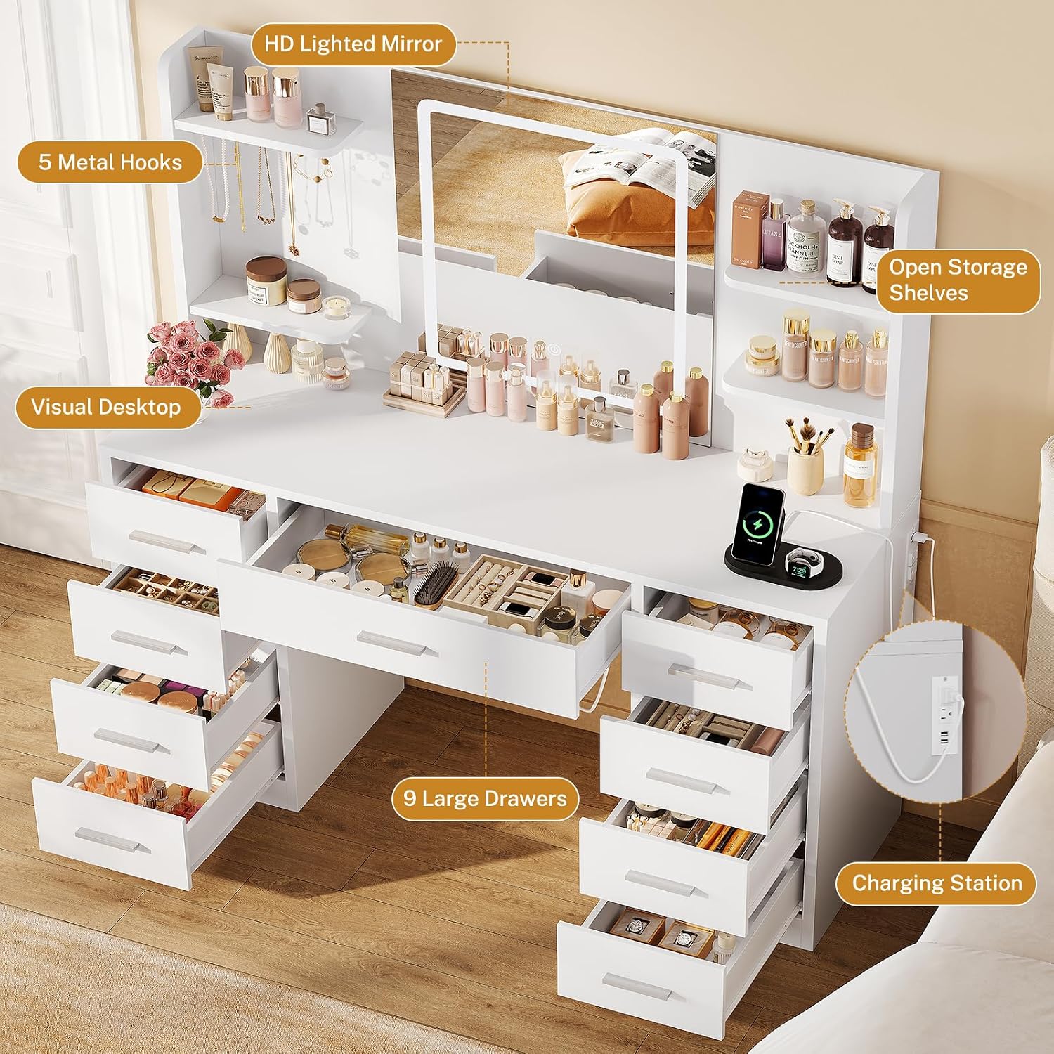 FIONESO Vanity Desk with Mirror and Lights, Makeup Vanity with 9 Drawers & Power Outlet, 5 Hooks & 6 Open Shelves, 3 Lighting Colors & Adjustable Brightness, White Vanity for Girls