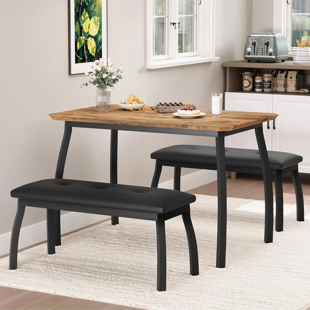 Dining Table for 4, 3-Piece Kitchen Table Set for 4 with Wooden Tabletop and Metal Frame, Industrial Kitchen Table with 2 PU Leather Benches for Bar, Dining Room, Restaurant(43''x28''x30''), Retro