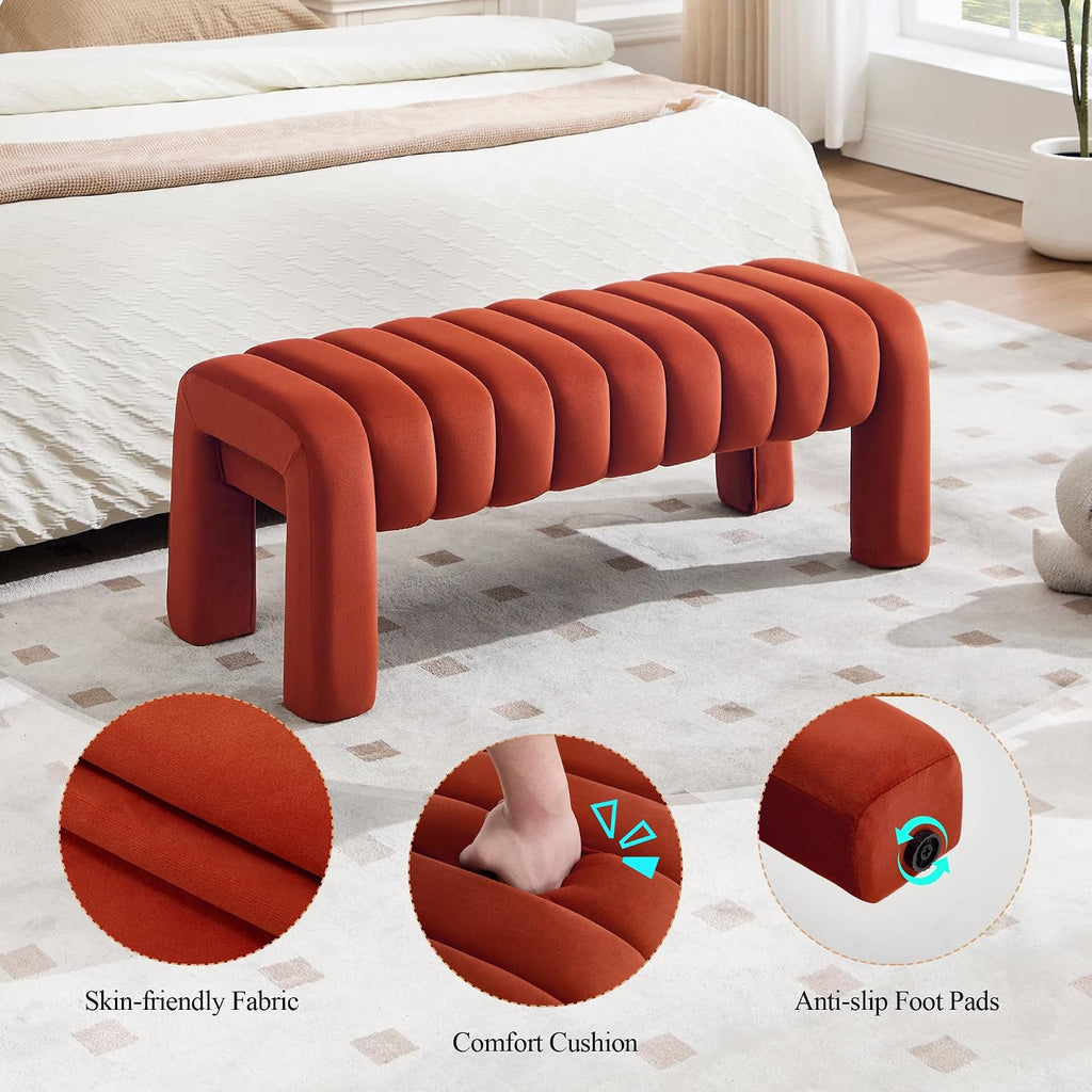 63’’ Bench for Dining Table, Upholstered End of Bed Bench with Solid Wood Legs, Modern Small Entryway Bench with Full Covered Fabrics for Bedroom, Kitchen, Living Room (Rust, Velvet)
