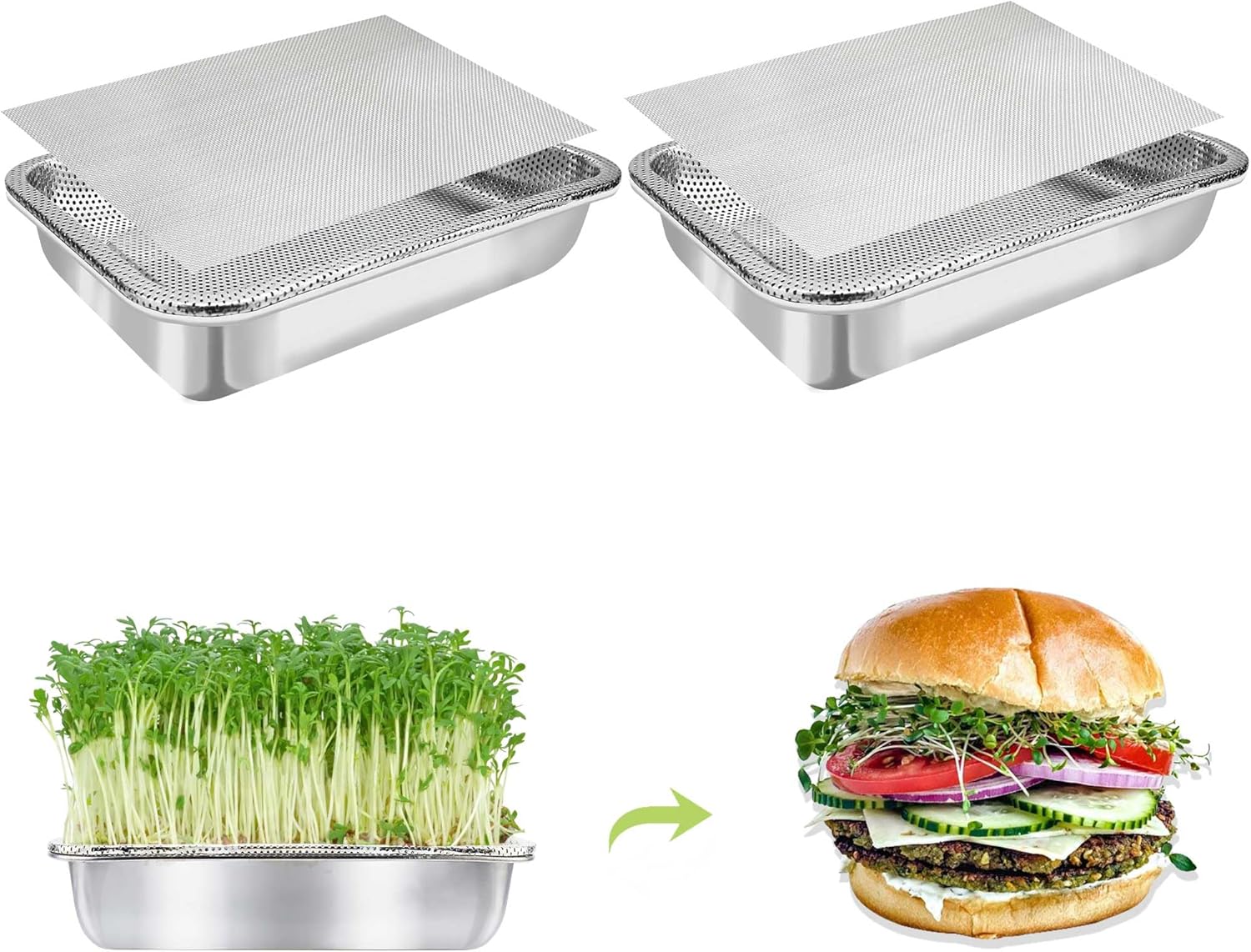 Stainless Steel Sprouts Growing Kit 2-Tier 14 inch Trays, Microgreens Growing Kit, Seed Sprouting Tray with Encrypted Mesh Sprouts for Beans Alfalfa Broccoli Wheat Grass