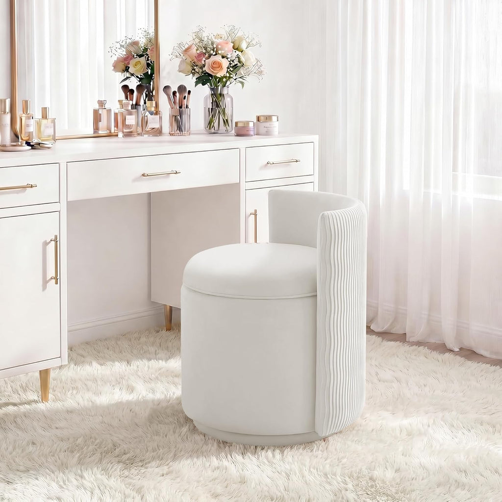 HUBSON Vanity Chair with Storage, Swivel Velvet Chairs with Back, Modern Round Accent Makeup Chair, No Assembly Vanity Stool for Living Room, Bedroom, Dressing, White