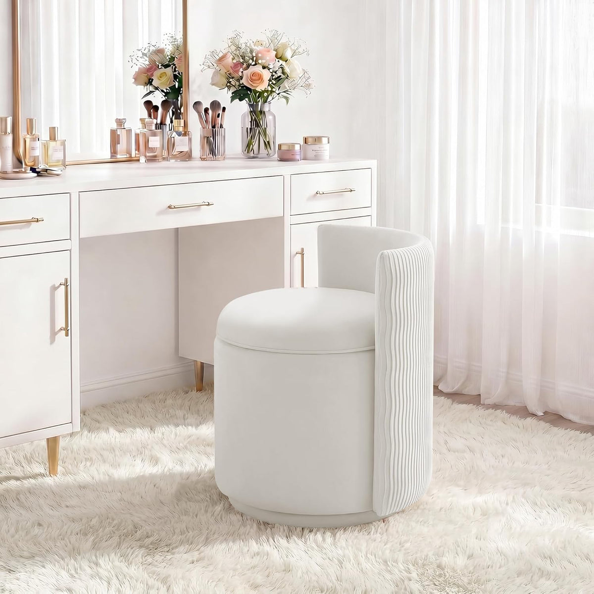 HUBSON Vanity Chair with Storage, Swivel Velvet Chairs with Back, Modern Round Accent Makeup Chair, No Assembly Vanity Stool for Living Room, Bedroom, Dressing, White