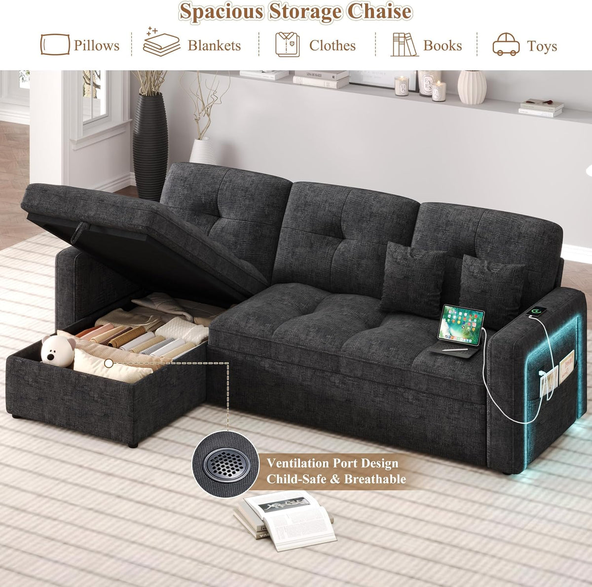 81'' LED L-Shaped Sectional Couch for Living Room, Sleeper Sofa Bed, Black | Comfy Chenille Cloud Couch, Pull Out Bed, Storage Chaise, 5-level Adjustable Backrest, USB Charging, 2 Pillow, 900LB Capacity