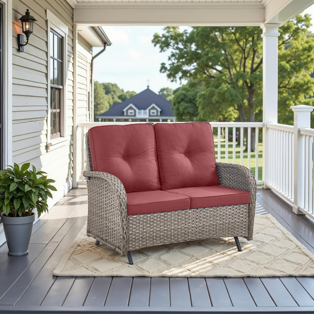 Belord Outdoor Glider Bench Patio Loveseat - 500 Lbs Weight Capacity 2 Seater Wicker Sofa, Small Porch Glider Furniture All Weather Rattan Couch with Removble Cushion for Balcony Deck Backyard, Gray