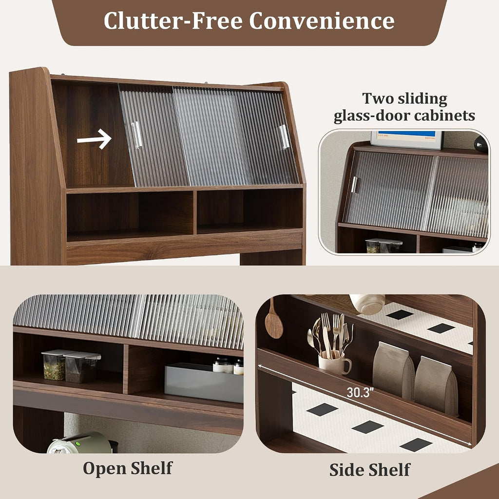 L-Shaped Kitchen Pantry with Hutch and Foldable Dining Table, Sideboard Buffet Cabinet with Sotrage Shelf and Side Hooks, Foldable Cupboard for Kitchen, Dining Room, Walnut
