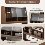 L-Shaped Kitchen Pantry with Hutch and Foldable Dining Table, Sideboard Buffet Cabinet with Sotrage Shelf and Side Hooks, Foldable Cupboard for Kitchen, Dining Room, Walnut