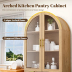 Pamapic 71" Tall Arched Cabinet, Fluted Kitchen Pantry with Glass Doors & Adjustable Shelves, Arch Storage Cabinet, Wooden Pantry for Dining Room, Living Room (Natural)